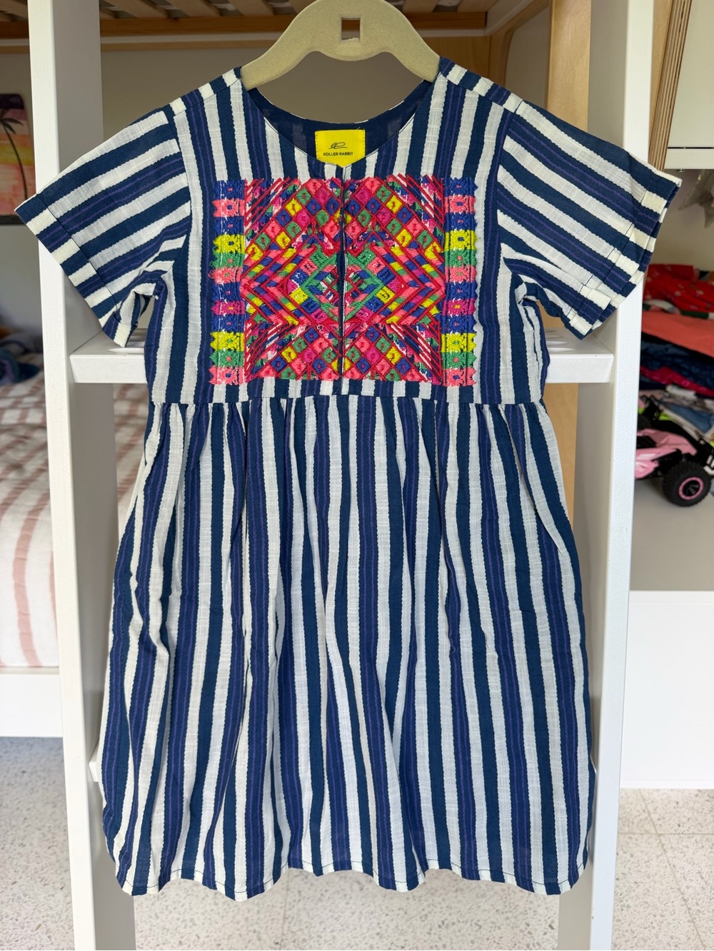 Roller Rabbit Navy & White Striped Girl's Dress with Bright Embroidered Panel
